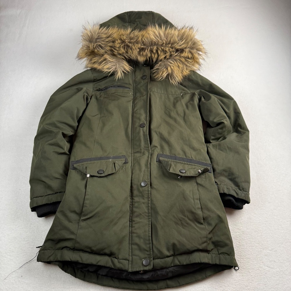 Swiss Tech Kids Olive Green Heavy Winter Parka Faux Fur Hood Size L‎ 10-12